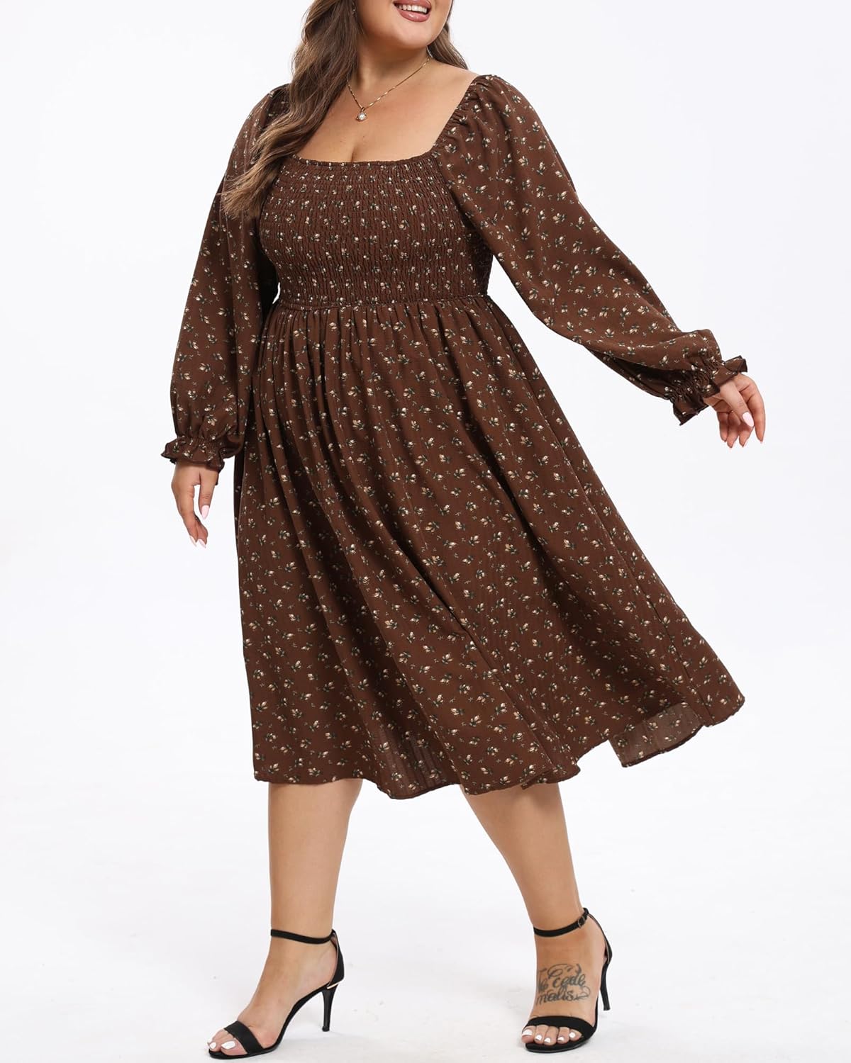 Plus Size Dresses for Curvy Women Fall Long Sleeve Boho Square Neck Flowy Cocktail Party Maxi Dress - Image 2