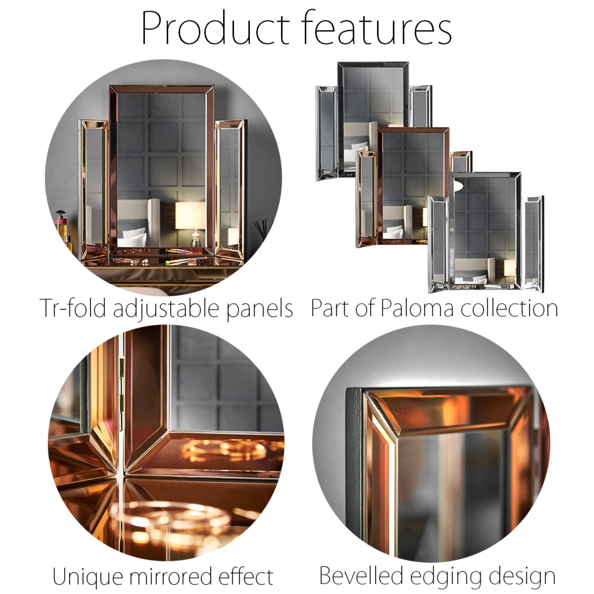 CARME Paloma - Specchio pieghevole da tavolo pieghevole da tavolo, autoportante in vetro smussato, design moderno per camerino, camera da letto, cosmetici, trucco (oro rosa)