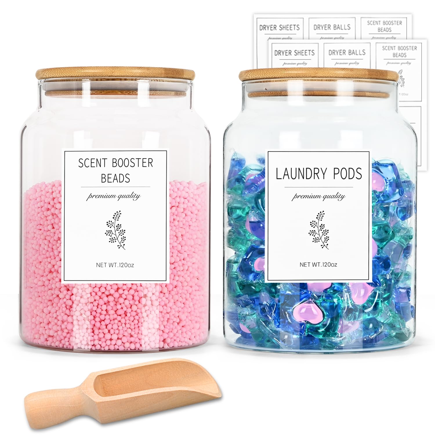 KitHeroGlass Jars for Laundry Room Organization, 120oz Laundry Pods Container with Labels, Dryer Sheet Holder with Bamboo Lid, Storage Jars