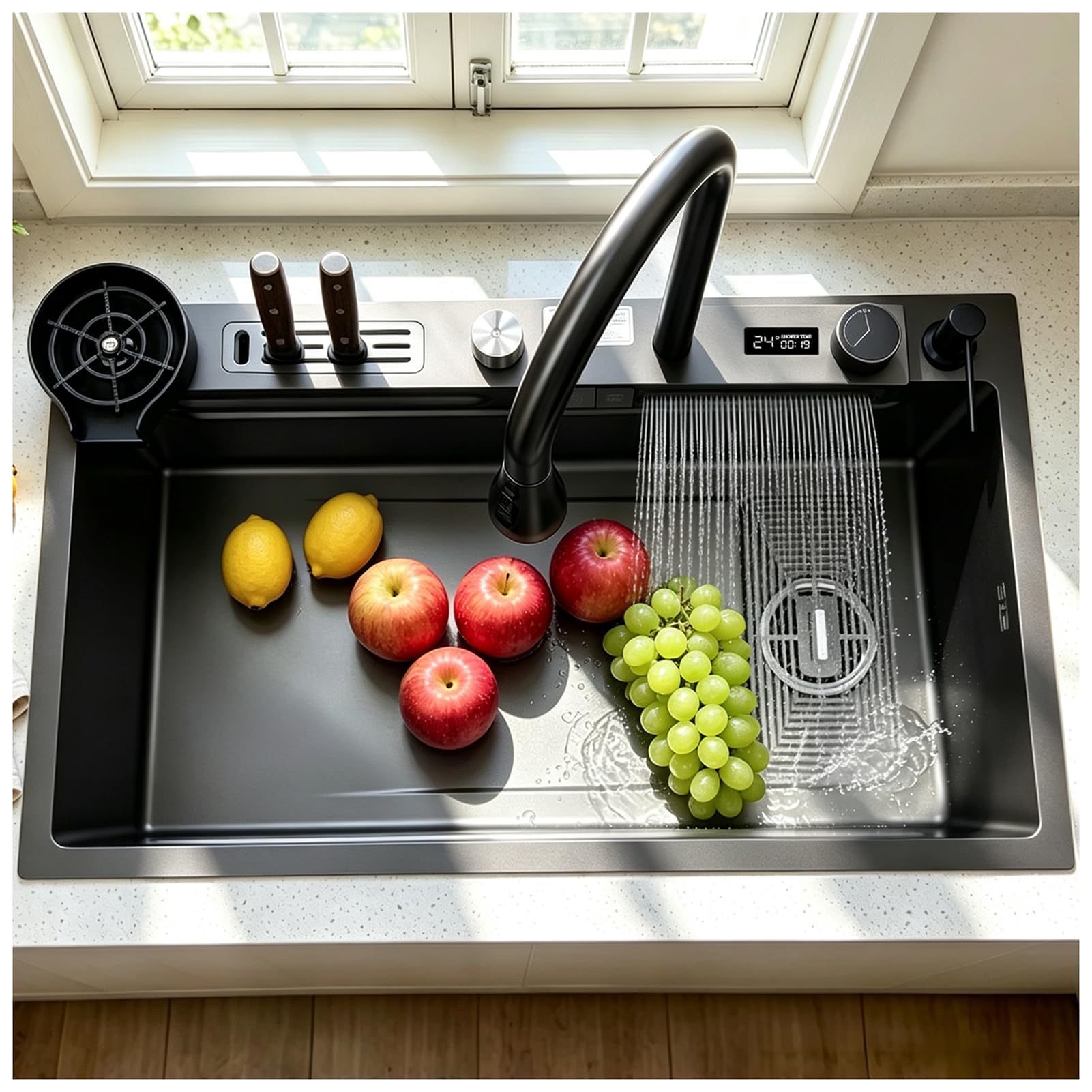 OMGMTSTORE 70 x 45 cm Stainless Steel Kitchen Sink with Digital Pull-Out Tap, Multifunctional Waterfall Sink with Drain Basket, Drain Basin, Chopping Board, Cup Wiper, Drain Component — image 1