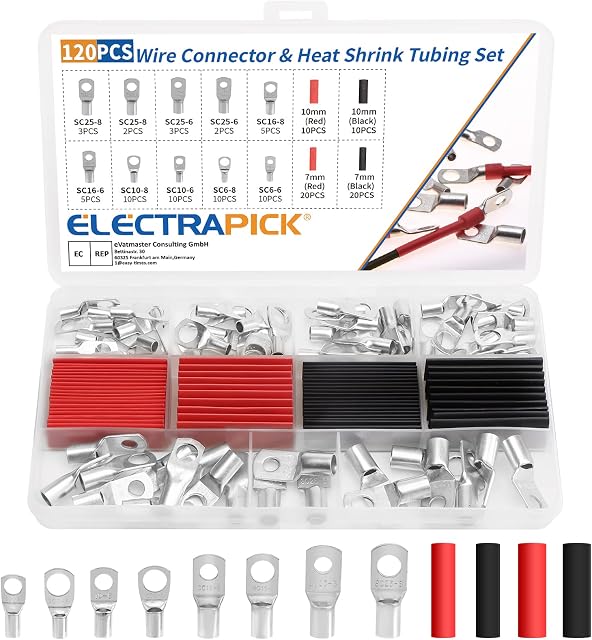 electrapick 60PCS Bolt Hole Tinned Copper Terminals Set-Wire terminals Connector Cable lugs Ring Battery SC Terminals Set Marine Grade Cold-Pressed Crimp Type (Silver, 60+60 Pcs)