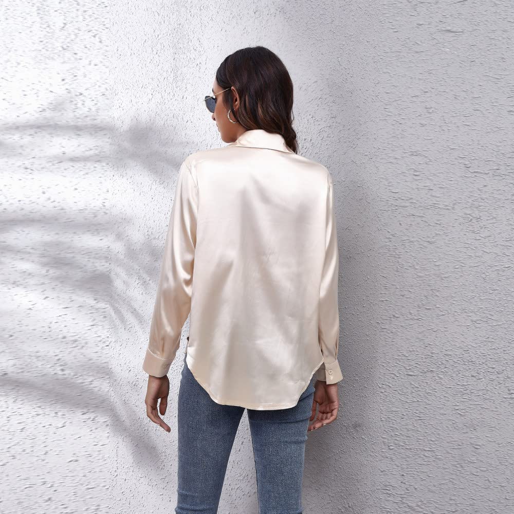 Elegantes Lässiges Langarm-Top,Damen Satin Bluse Shirt Champagner Langarm Vintage Mode Seidenhemden Business Hemd Mit Knopf Sexy Party Tops Lässige Arbeit Bürobluse Für Mädchen Damen