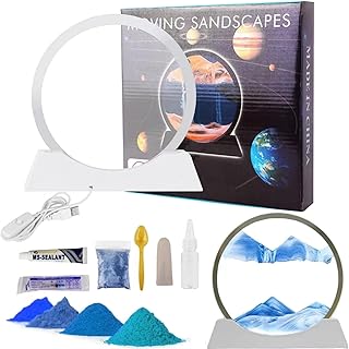BGFJYUK Moving Sand Art Picture in Motion DIY Kit, Round Glass 3D Deep Sea Sandscapes with Display Flowing Sand Frame for Relaxing Desktop Home Office Work Décor, Making kit for adults (Blue,7inch)