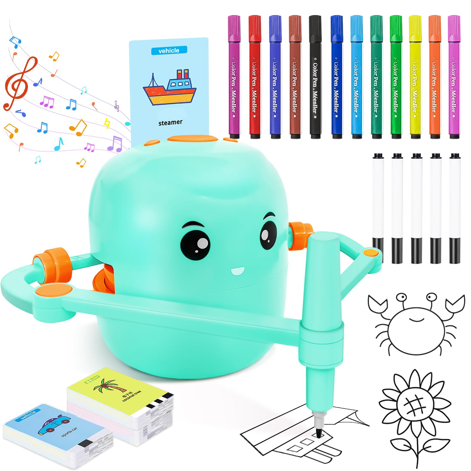 Drawing Robot for Kids with 150 Learning Cards & 17 Colorful Pens, Voice Interactive Educational Smart Art Painting Machine