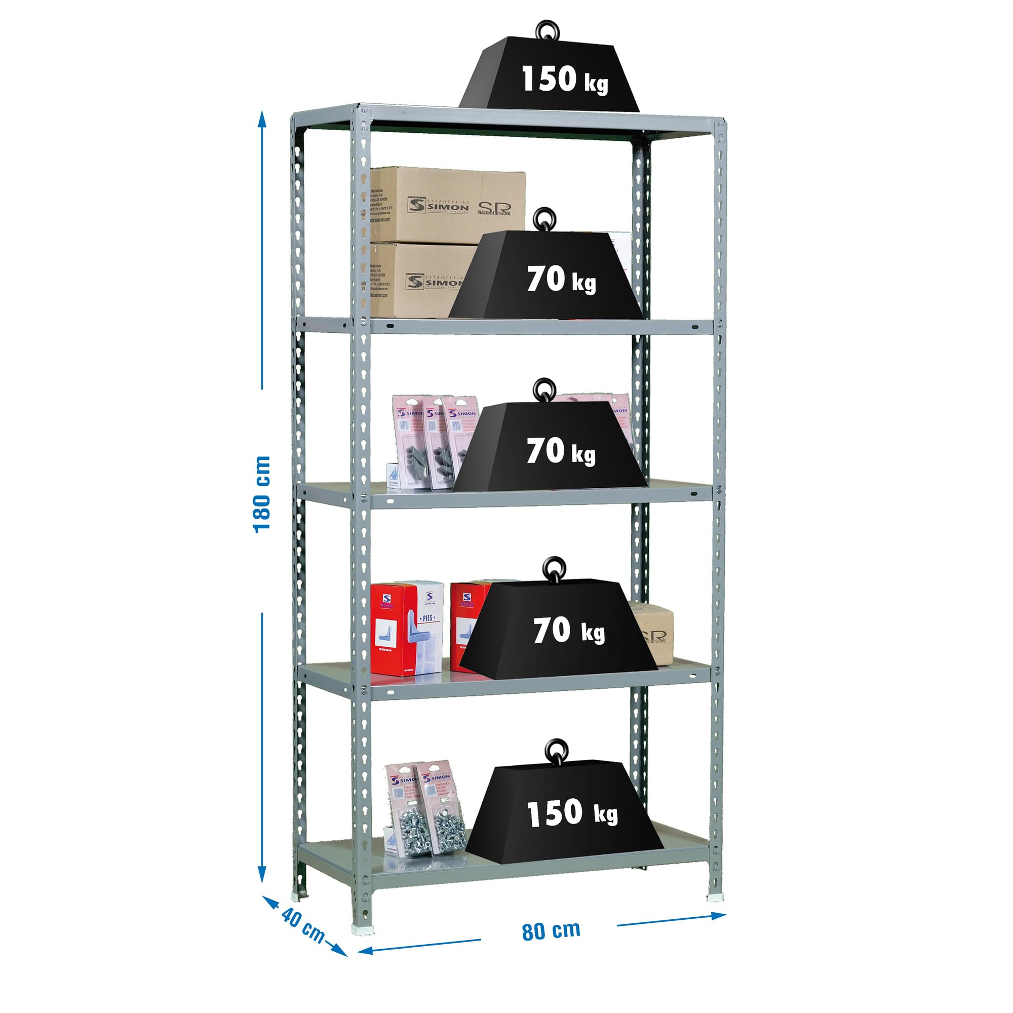 Simon Rack Estantería Metálica, 180x80x40 cm, 5 Alturas, Bandeja Metal, 70 kg de Punto Flexión, Estanterías Almacenaje, Gris - Ecoclick