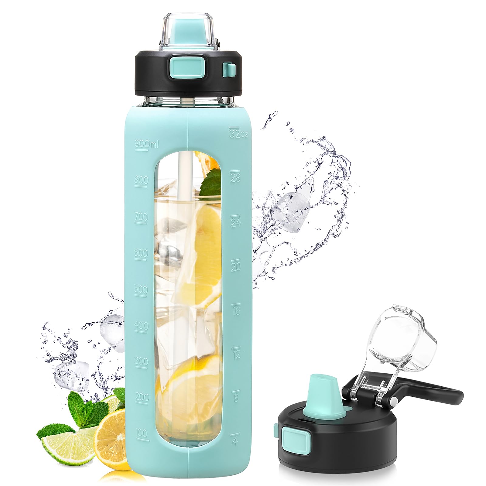 Kodrine 32 oz Glass Water Bottle with Straw and Time Marker, Light Blue Light Blue 32 Ounces