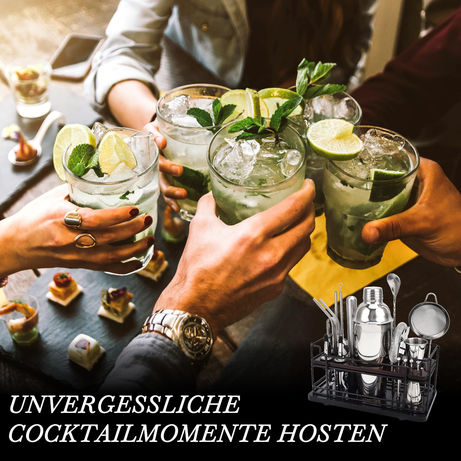 20-teiliges Cocktail Shaker Set mit Stand, 750ml Shaker Edelstahl Cocktail Set für die Hausbar, Profi Cocktail Maschine Barkeeper Set mit Bar Zubehör & Rezeptbuch, Ideales Geschenkset (Silber)