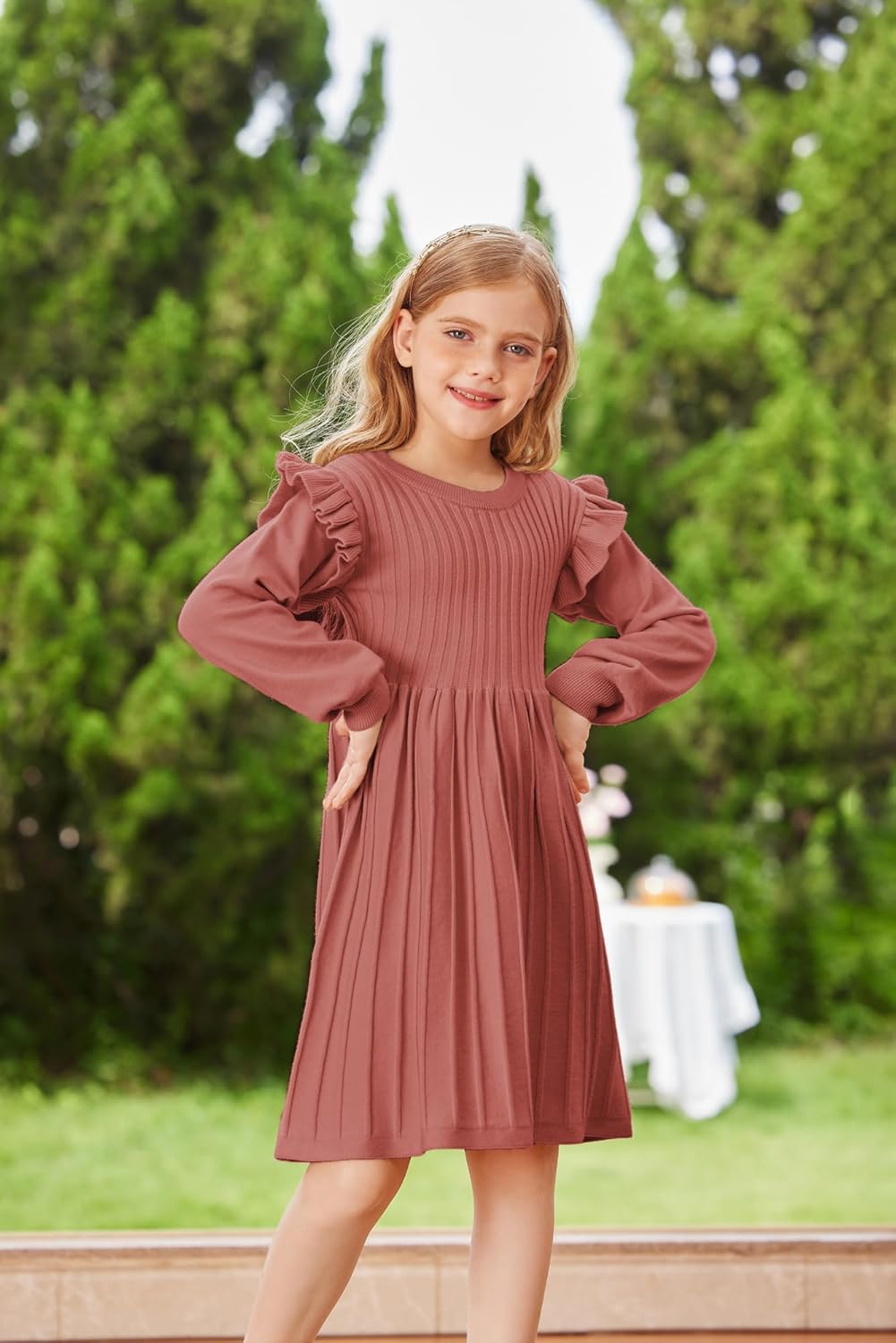 Danna Belle Girls Sweater Dress Lantern Sleeve Ruffled Fall Winter Dresses 5-12Y - Image 7