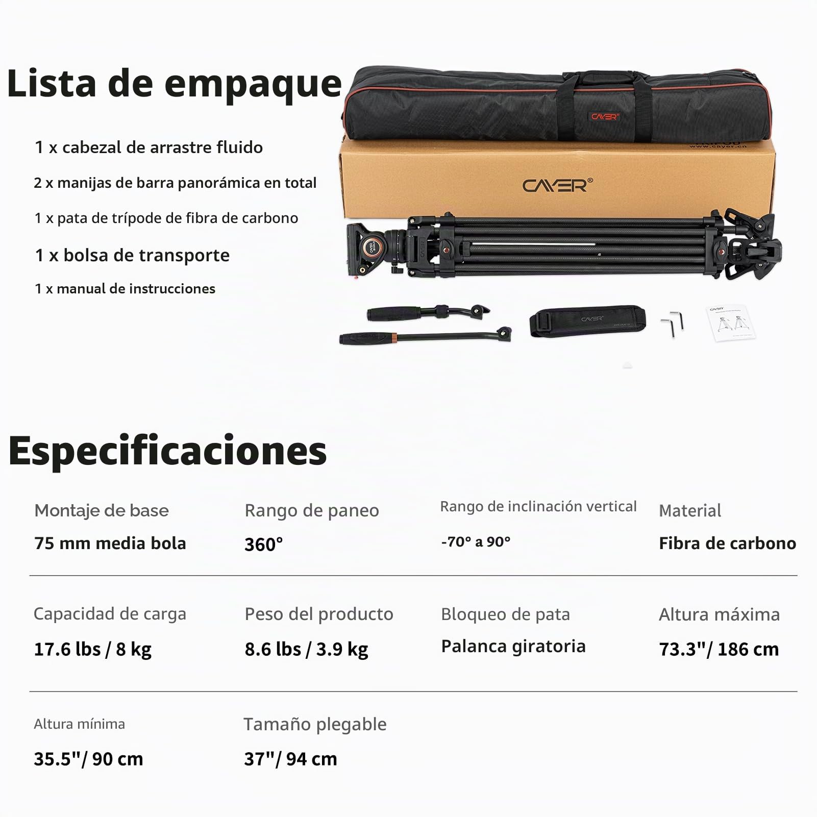 Cayer Sistema de trípode de Video BV25LH, Kit de trípode de cámara Profesional Resistente de Fibra de Carbono de 74 Pulgadas, Carga máxima de 13,2 LB