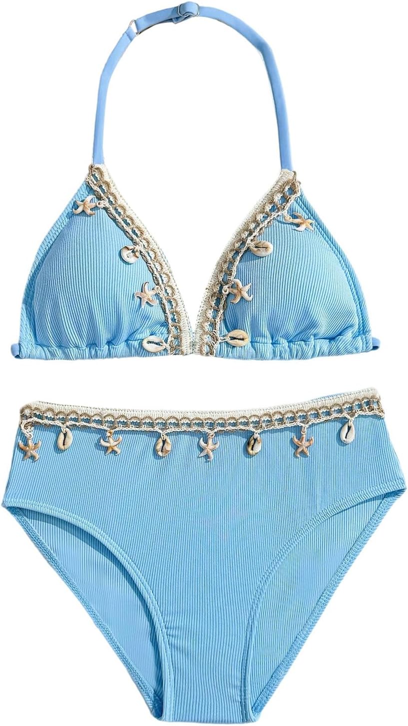 OYOANGLE Girl's Two Piece Braided Shell Trim Bikini Sets Halter Triangle Top High Waist Hipster Swimsuits