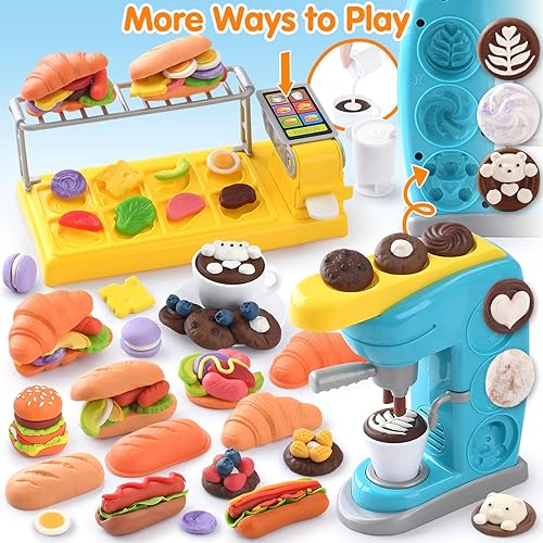 Miniatura 5 de PLAY Juegos de masa de color para niños de 2-4, 4-8, juegos de masa de juguete para cocina, café, herramientas de masa de juego, juego de cafetera