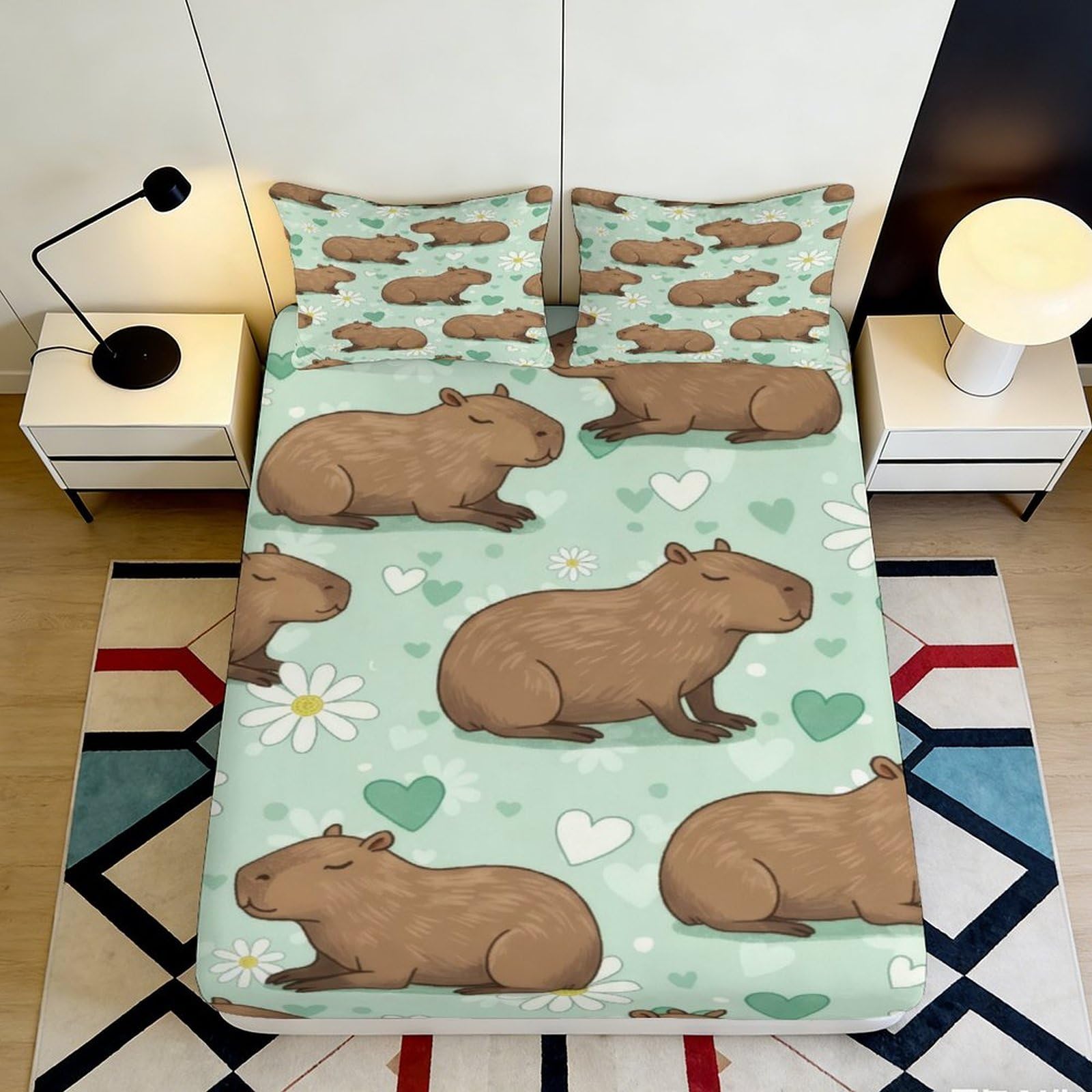 3D Printed Capybara Green Heart Fitted Sheet Microfiber Non-Slip Daisy Bed Cover for Bedroom Dorm Decor 140x200x25cm