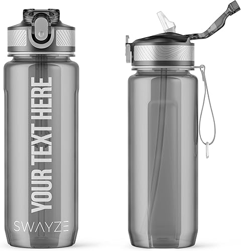 Botella de agua personalizada con pajilla, botella de agua personalizada, botella de agua con nombre personalizado (gris, personalizable)