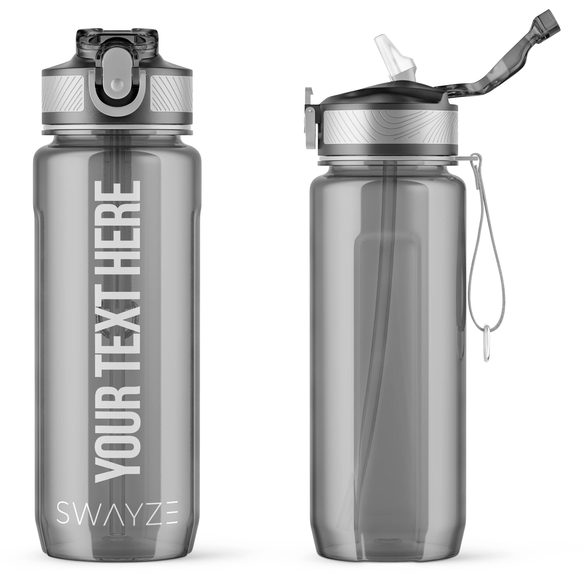 Personalised Water Bottle with Straw 800ml Water Bottle, BPA Free Leakproof Lockable Flip Lid Drink Bottle Sports Gym Hiking School Camping Office Walking (Grey (Personalised))