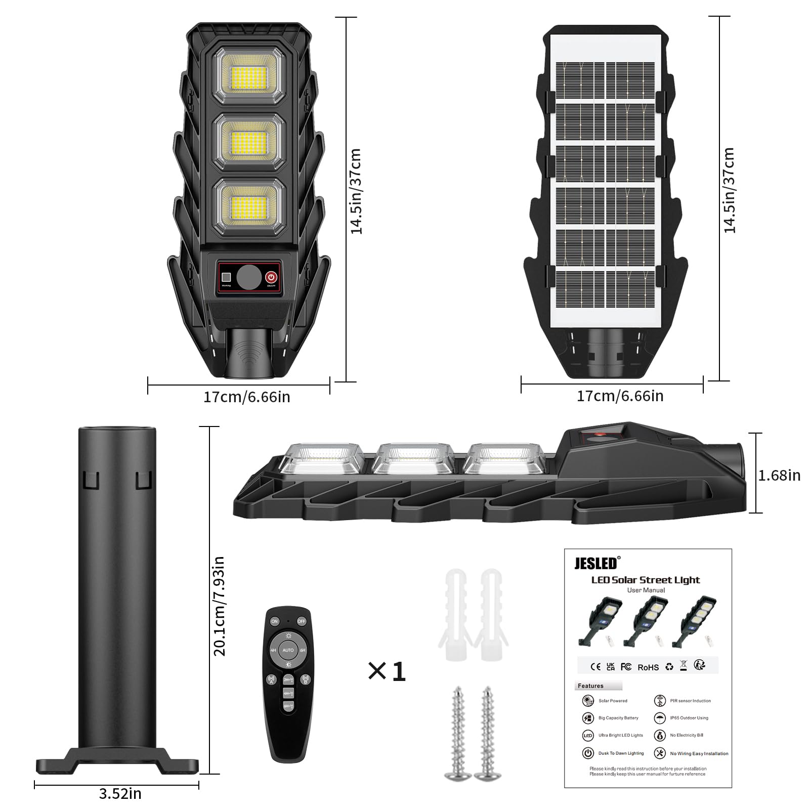 JESLED Farola Solar LED 90W con Sensor de Movimiento y Mando - 6000mAh Batería Luz Exterior IP65 6500K para Jardín/Calles, Luces Solares Exteriores Impermeables con Control Remoto