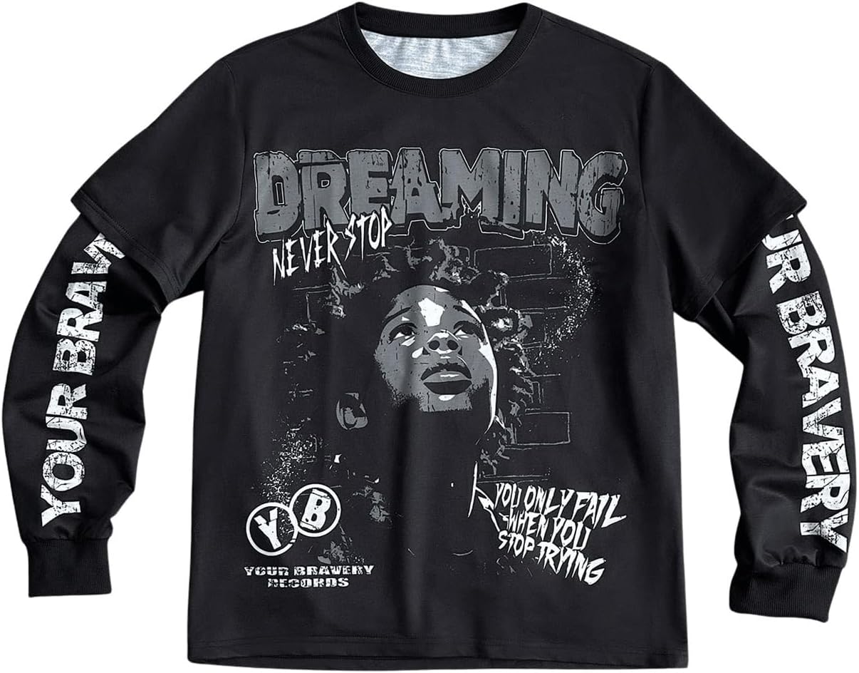 SOLY HUX Men's Letter Graphic Tees Crew Neck Long Sleeve 2 in 1 T Shirt Tops Streetwear