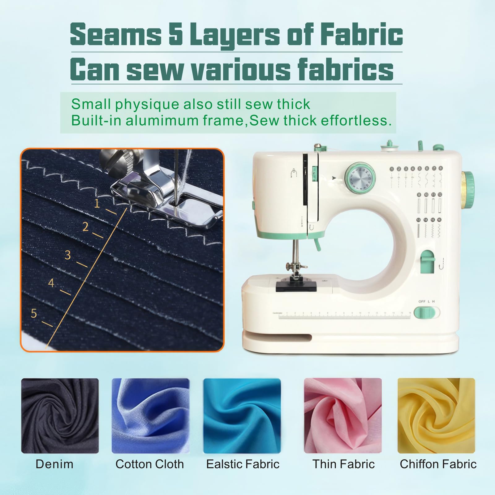 ShyangLiang Portable Sewing Machine for Beginners, 16 Built-in Stitches and Reverse Sewing, adjustable sewing speed, small sewing machine with two needle types, foot pedal(with Extension Table)