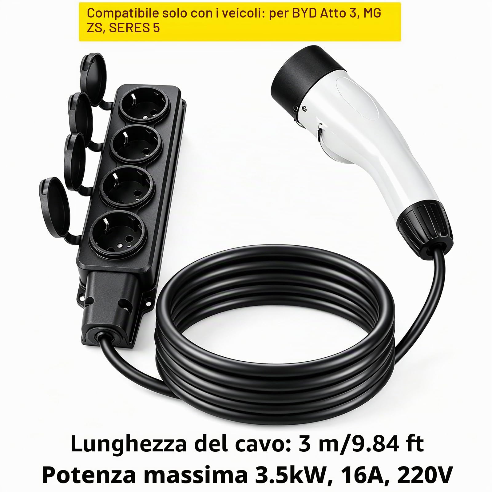 3,5Kw 220V Adattatore di Scarica per Auto, Atto3 ZS EV Pistola di Scarica Con Cavo da 3 M, Splitter da 1 A 4 Prese Ue, Spina di Tipo 2, Adattatore V2L da 16 A per Veicoli da Campeggio