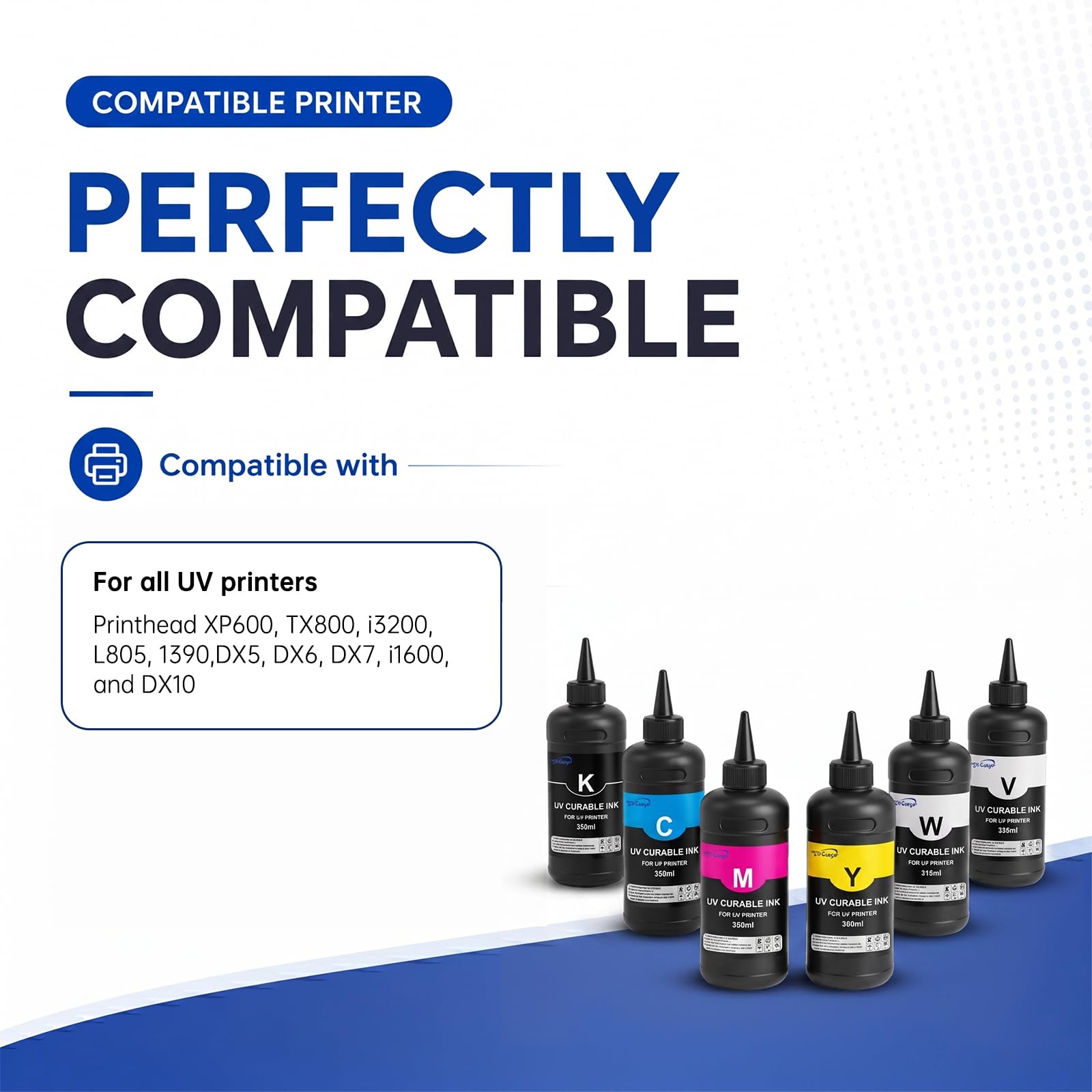Encre UV pour matériaux durs, UV Hard Ink 500-ml Compatible pour XP600 TX800 i3200 i1600 L805 1390 DX4 DX5 DX6 DX7 DX10 Tête d'impression Imprimante pour acrylique, verre, bois, métal(CMYKWV)