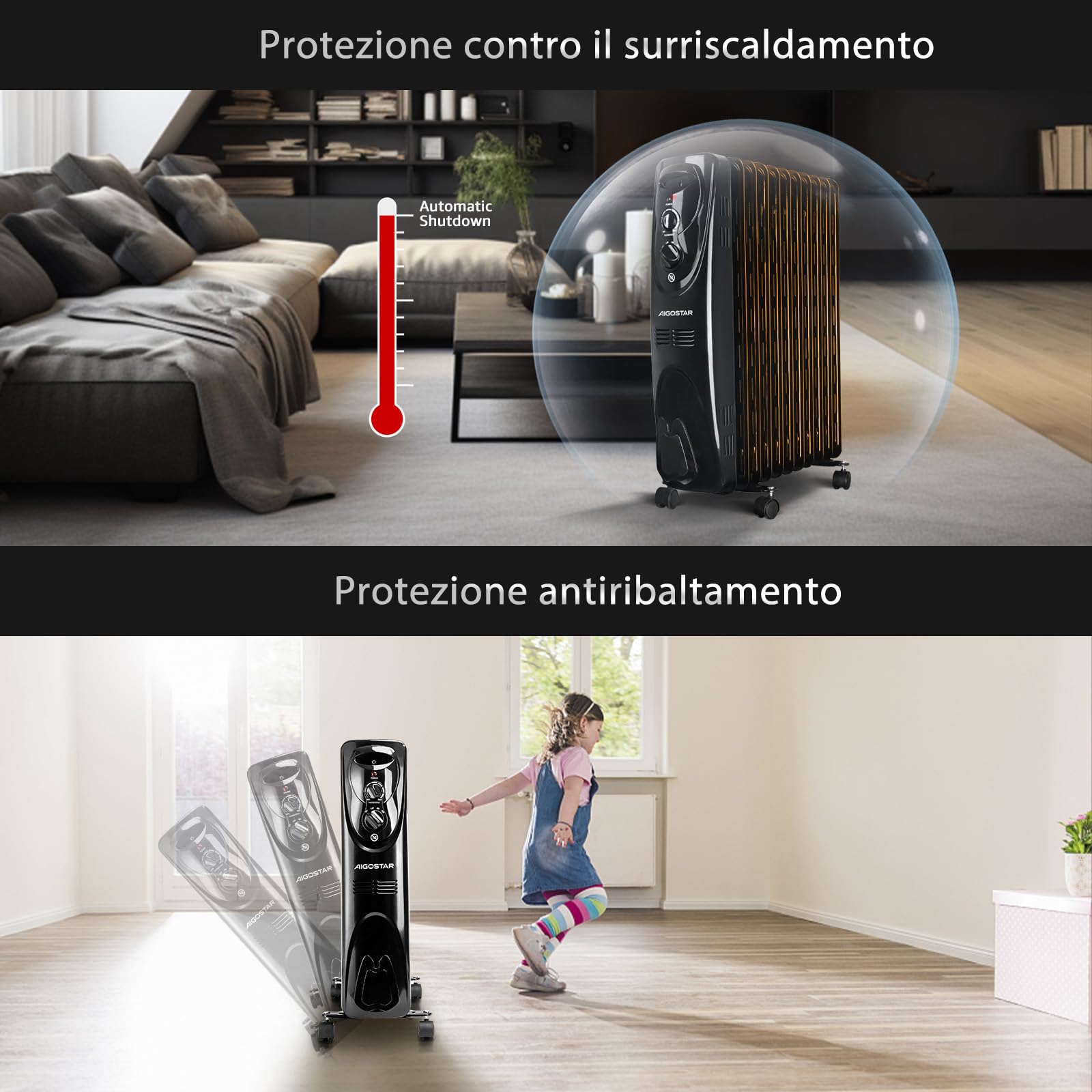 Aigostar Tummie 33JIE - Radiatore ad olio a 11 elementi, 2300W e controllo termostato con 3 regolazione termiche, Basso consumo, Nessun rumore, Design esclusivo