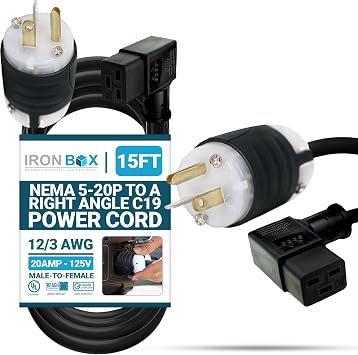 IronBox Electric NEMA 5-20P to Right Angle C19 Power Cord - 20A,125V, 12/3 SJT - Heavy Duty Power Supply Extension Cord - UL Listed Plug Adapter Cable for Computer, Data Centers, Monitor & More 15ft