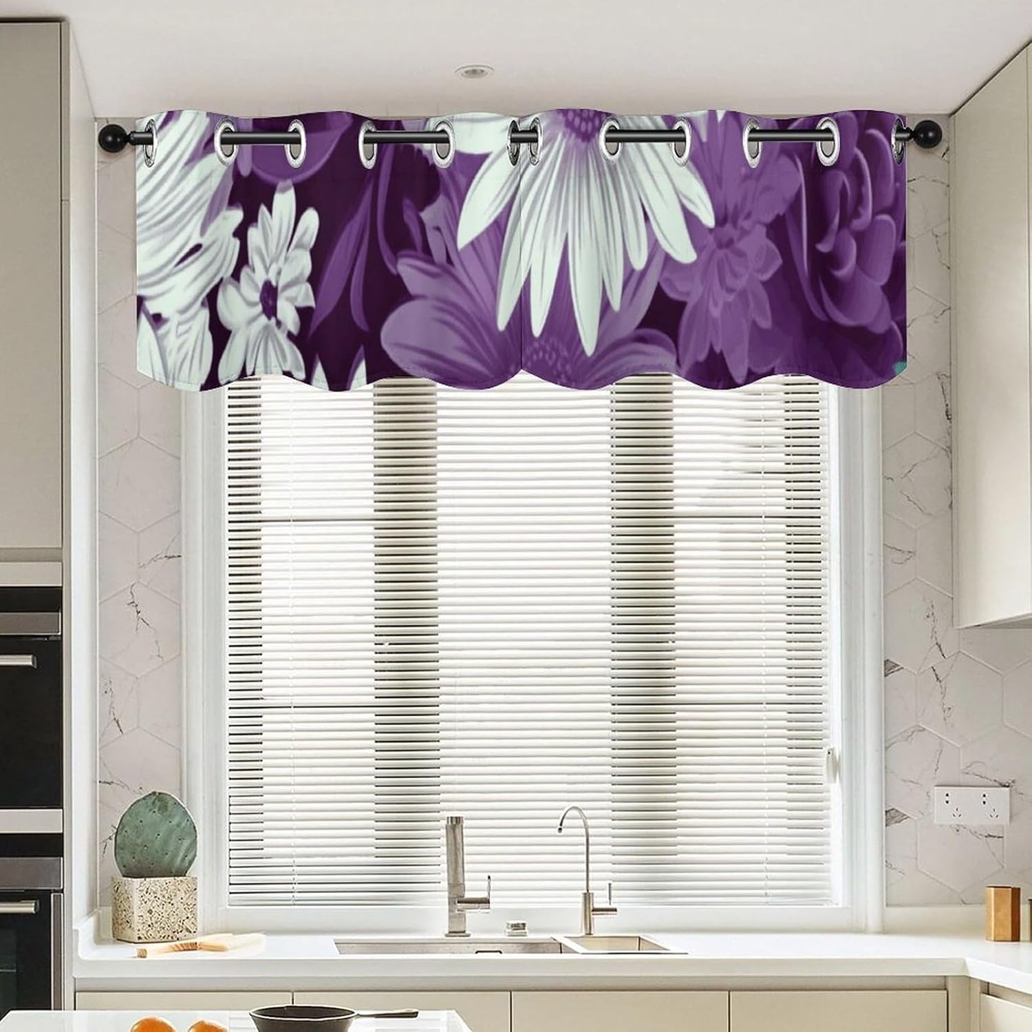 Purple White Floral Valances for Window 2 Panels. Light Filtering Curtains Farmhouse Short Small Valance.Modern Curtains for Windows Living Room Kitchen Over Sink.