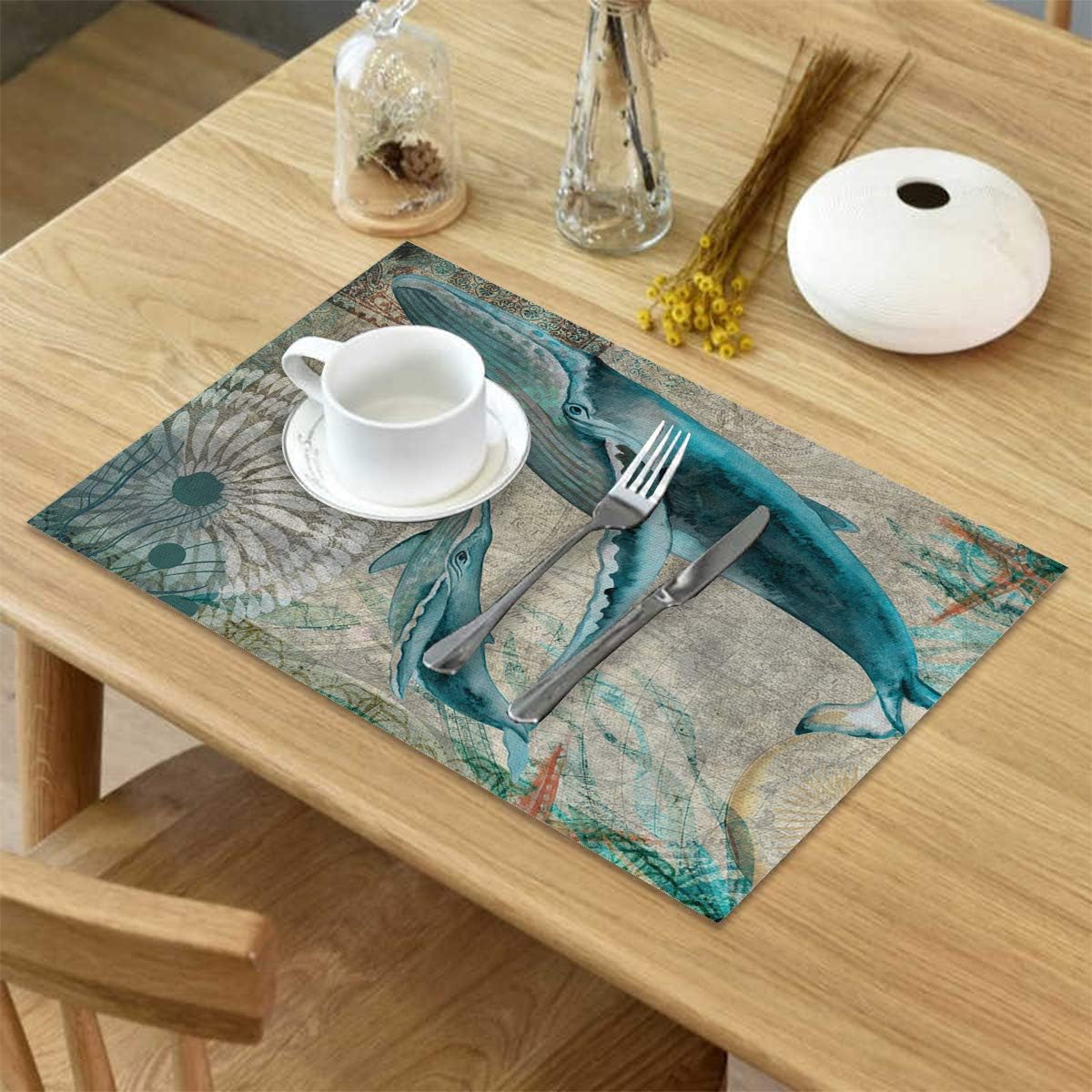 Black Friday - 50% OFF Chic D Ocean Whale Vintage Indoor Placemat Set of 6, Non-Slip Placemats for Kitchen/Dining Table/BBQ/Patio/Parties, 12x18 Washable Durable Cotton-Linen Table Mats, World Map