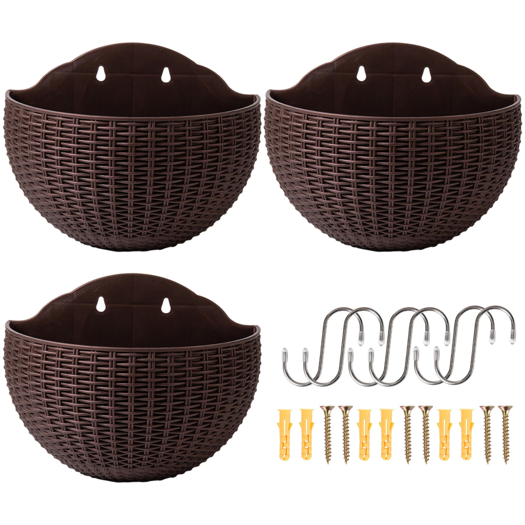 CNAFGBGG Hanging Wall Planter 3Pcs 8x6.5 Inch PP Hanging Plant Pot with Draining Hole & Plug for Indoor Outdoor Planting, Coffee Color..