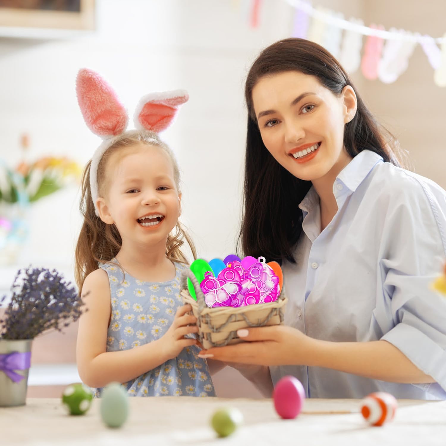 24 Pack Prefilled Easter Eggs with Mini Pop Keychain Fidget Toys Easter Eggs Filled for Kids Boys Girls Easter Basket Stuffers Party Favors Fillers Hunt