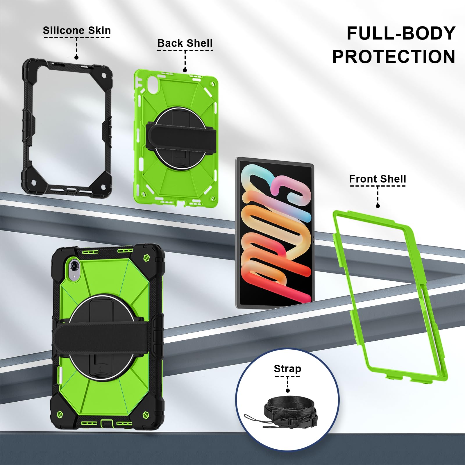 Custodia protettiva per tablet Lenovo Idea Tab Pro Gen 2 (TB390) da 13 pollici, antiurto, con supporto e portamatite, custodia ibrida con tracolla e cinghie da polso (nero + giallo verde)