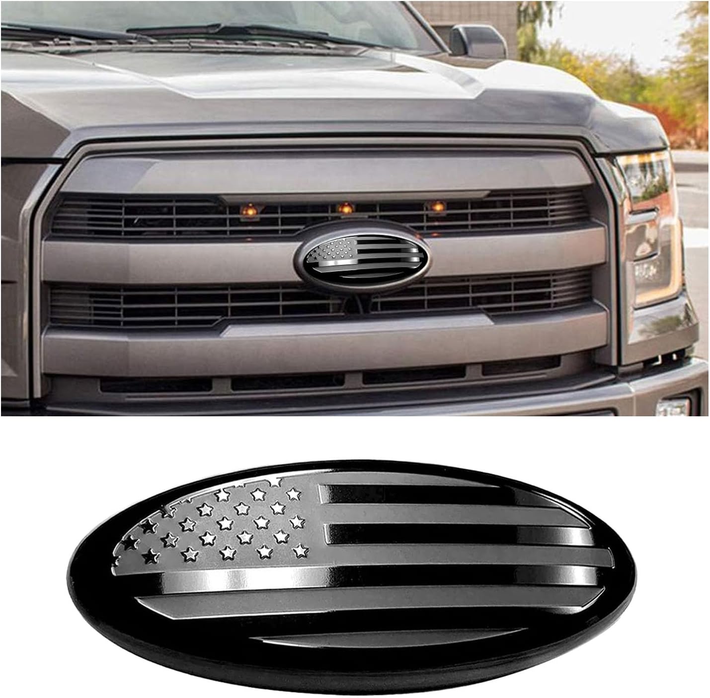 Front Grille US Flag Emblem, 9 Inch Oval Rear Tailgate Decal Badge Nameplate, Central Mesh Cover Label Sticker Overlay Replacement Compatible with F150 F250 F350 and More (9'', Black)