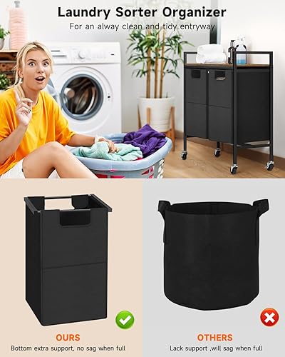 Miniatura 2 de MOOACE Cesta de lavandería con estante, organizador de 2 secciones, carrito clasificador de ropa sucia con ruedas enrollables y bloqueables,