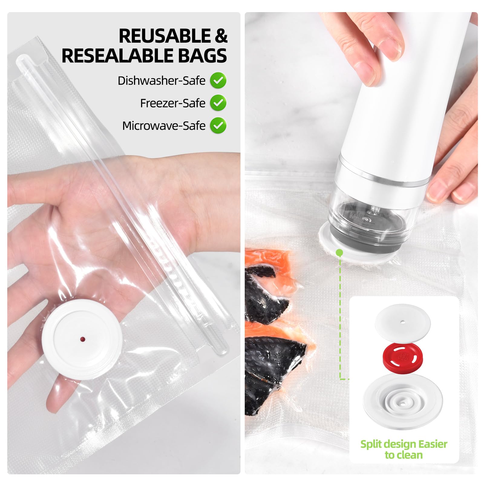 Sellador al vacío para alimentos (máquina selladora al vacío + 30 bolsas de vacío reutilizables) potente máquina selladora al vacío de mano, sella ahorrador de comidas, sellador de alimentos portátil