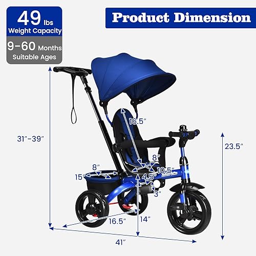 Miniatura 14 de INFANS Triciclo para niños, triciclo para bebés 6 en 1 con asiento reversible, mango de empuje ajustable, dirección de control, toldo extraíble