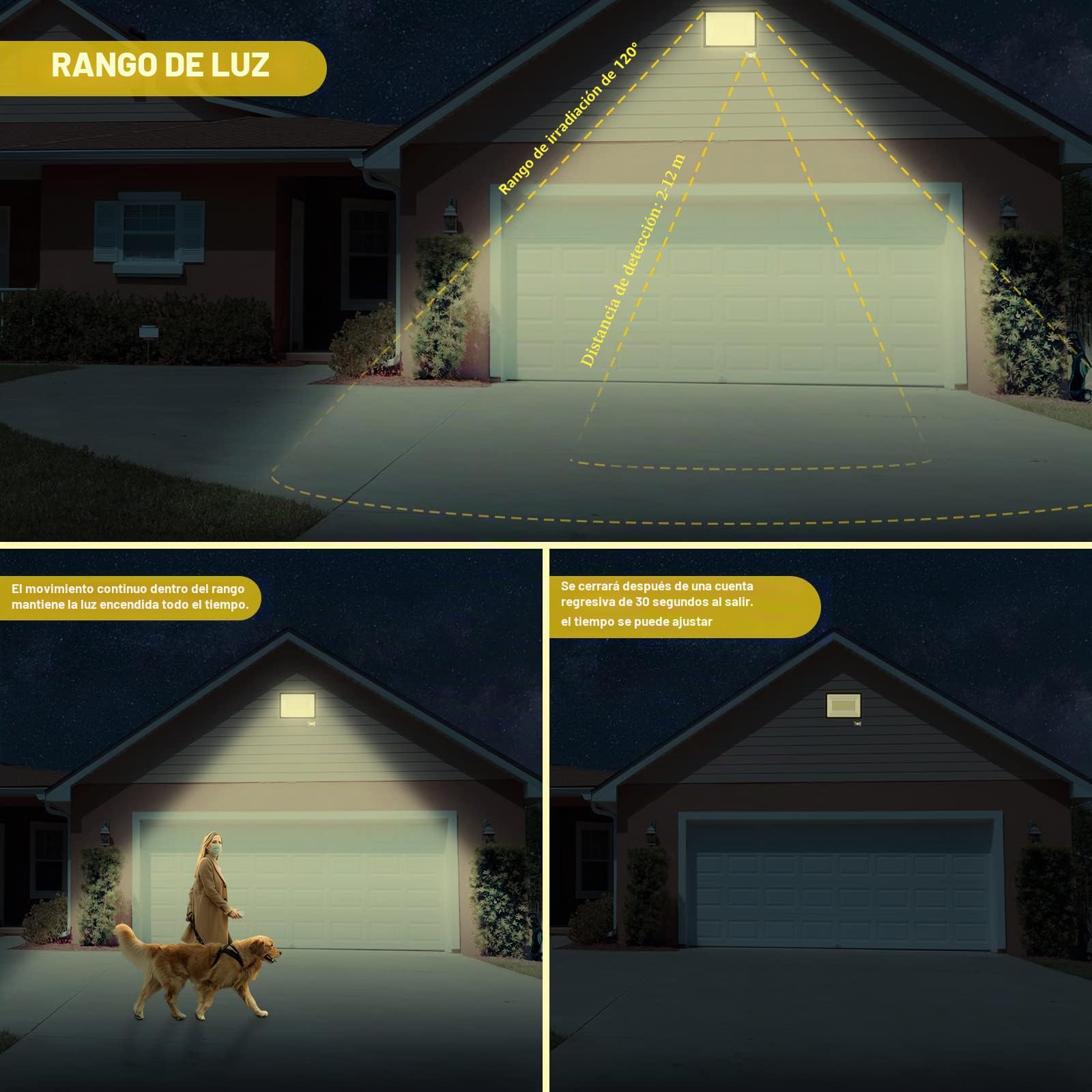 RIGIDON 2x 100W 10000lm focos led exterior con sensor movimiento PIR, 3000K | sin enchufe, blanco cálido, foco proyector, IP66 impermeable, seguridad, floodlight, para patio jardín garaje caminos entrada
