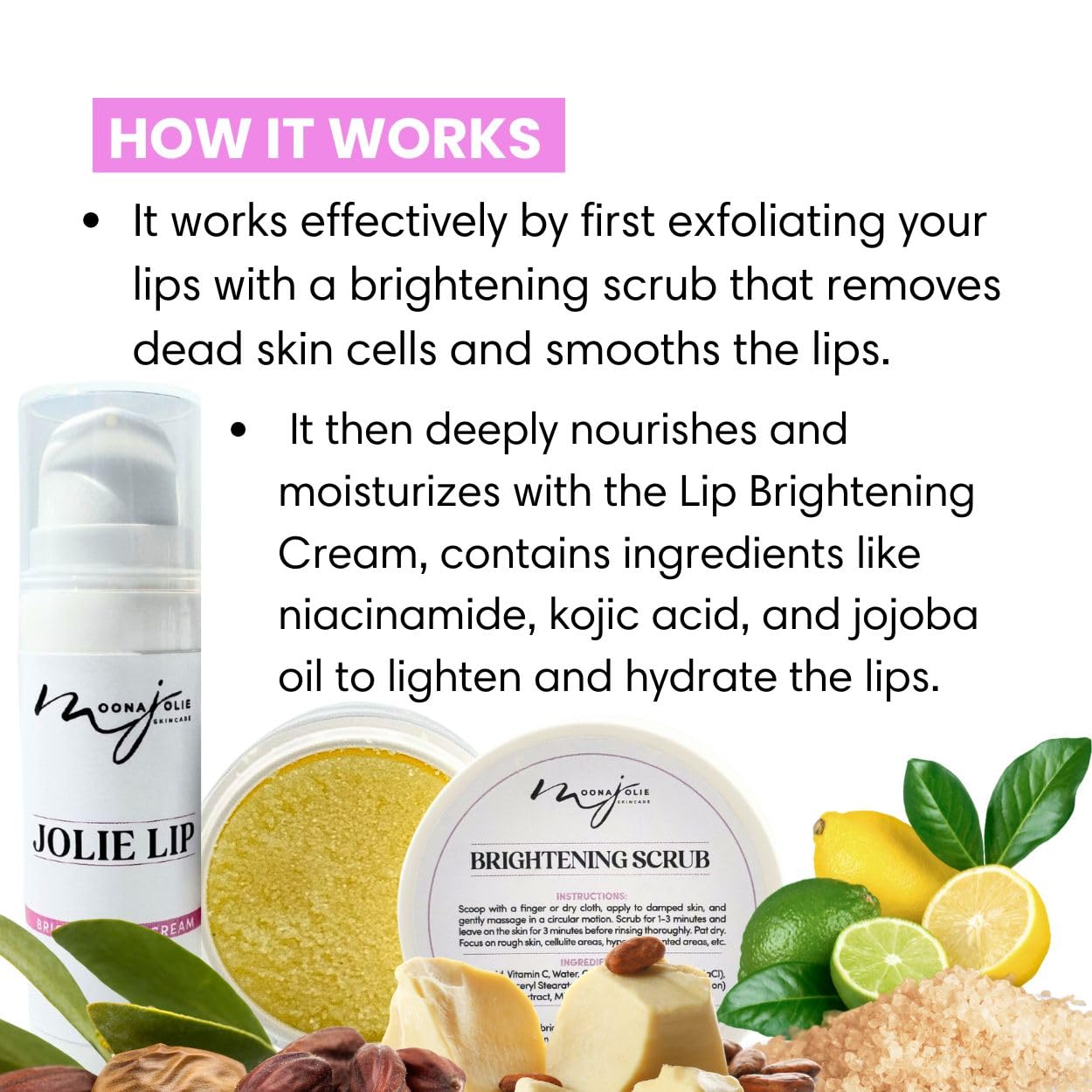 Moona Jolie Lip Kit | Hydrating Lip Cream & Organic Exfoliating Scrub - Nourish, Protect, Balances Hue and Revitalize Lips with Vitamin C, Kojic Acid, and Jojoba Oil