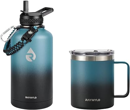 RAYMYLO Insulated Water Bottle 64oz Indigo/Black + Insulated Coffee Mug 12oz Indigo/Black