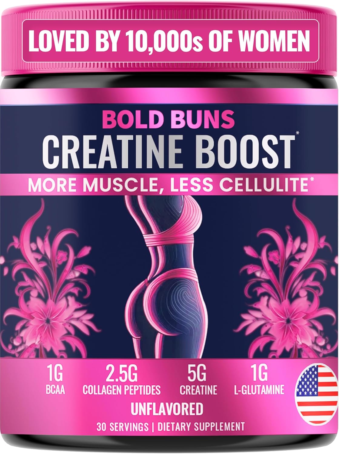 Creatine for Women – Booty Builder Supplement with Collagen & BCAA – Supports Glute Growth & Reduces Cellulite Appearance – Unflavored Powder – 30 Servings