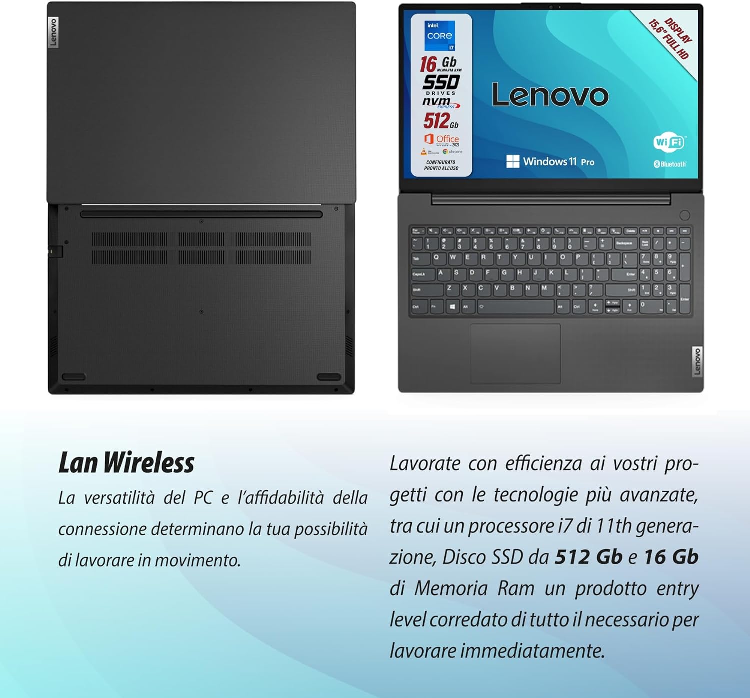 Lenovo, pc portatile notebook pronto alluso, cpu Intel i7 11Th gen, 4 core 2,8Ghz, ram 16Gb, SSD nvme 512Gb, display Full hd da 15,6, Intel® Iris® Xe Graphics, win 11, suite office incluso