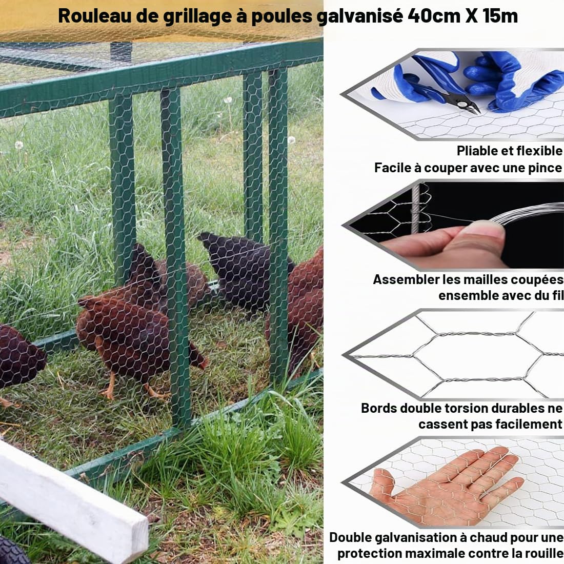 Rouleau de grillage pour poulet, 25 m x 40 cm, filet de clôture solide pour volaille, animal domestique, lapin, clôture de jardin, barrière animale, antirouille galvanisé, projets de bricolage