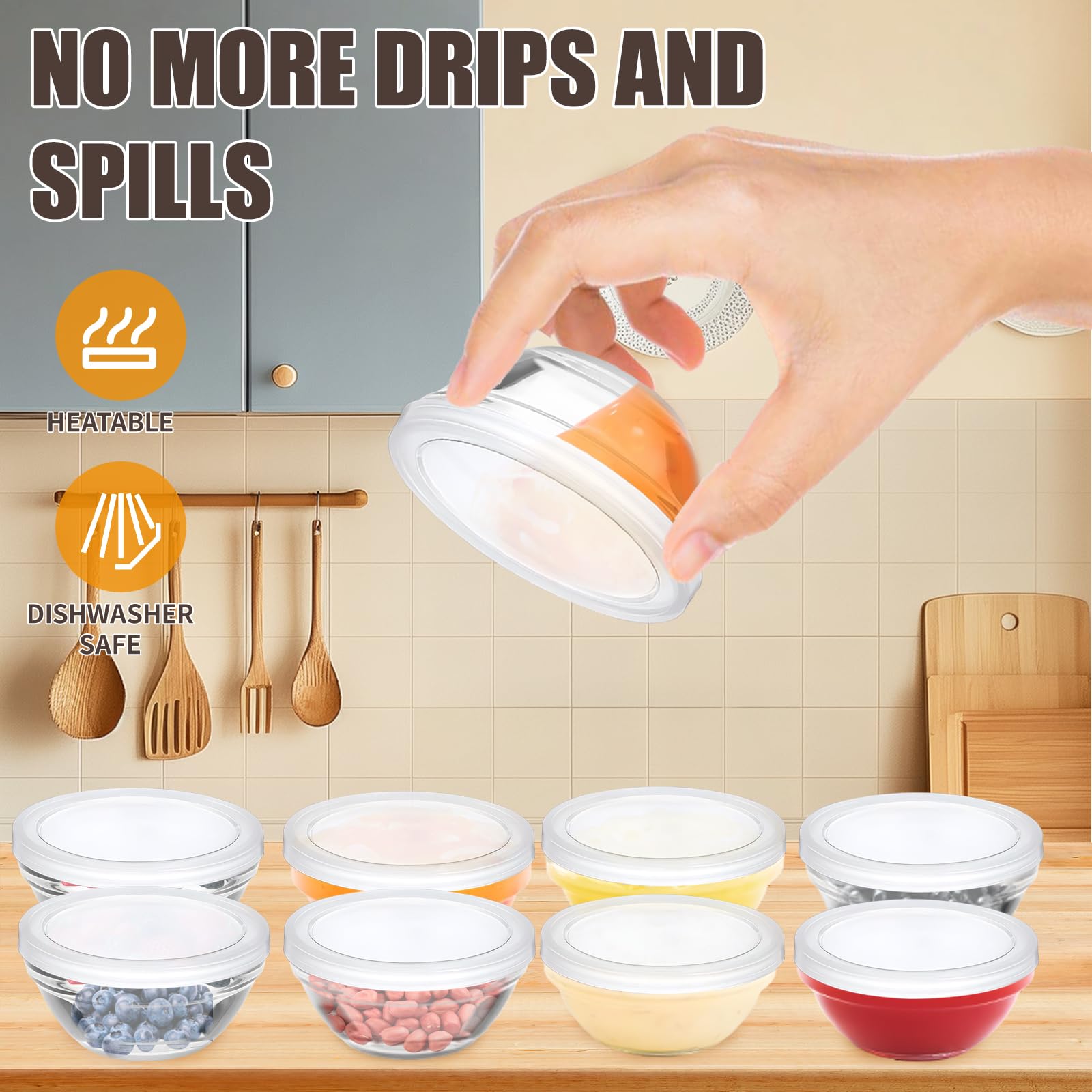 6 Pack Mini 3 Inch Small Glass Bowls with 6 Pack Lids, 2.5 oz Clear Glass Pinch Bowls, Condiment Containers, for Dips, Nuts, Candy, Snacks, Meal Prep Bowls 3