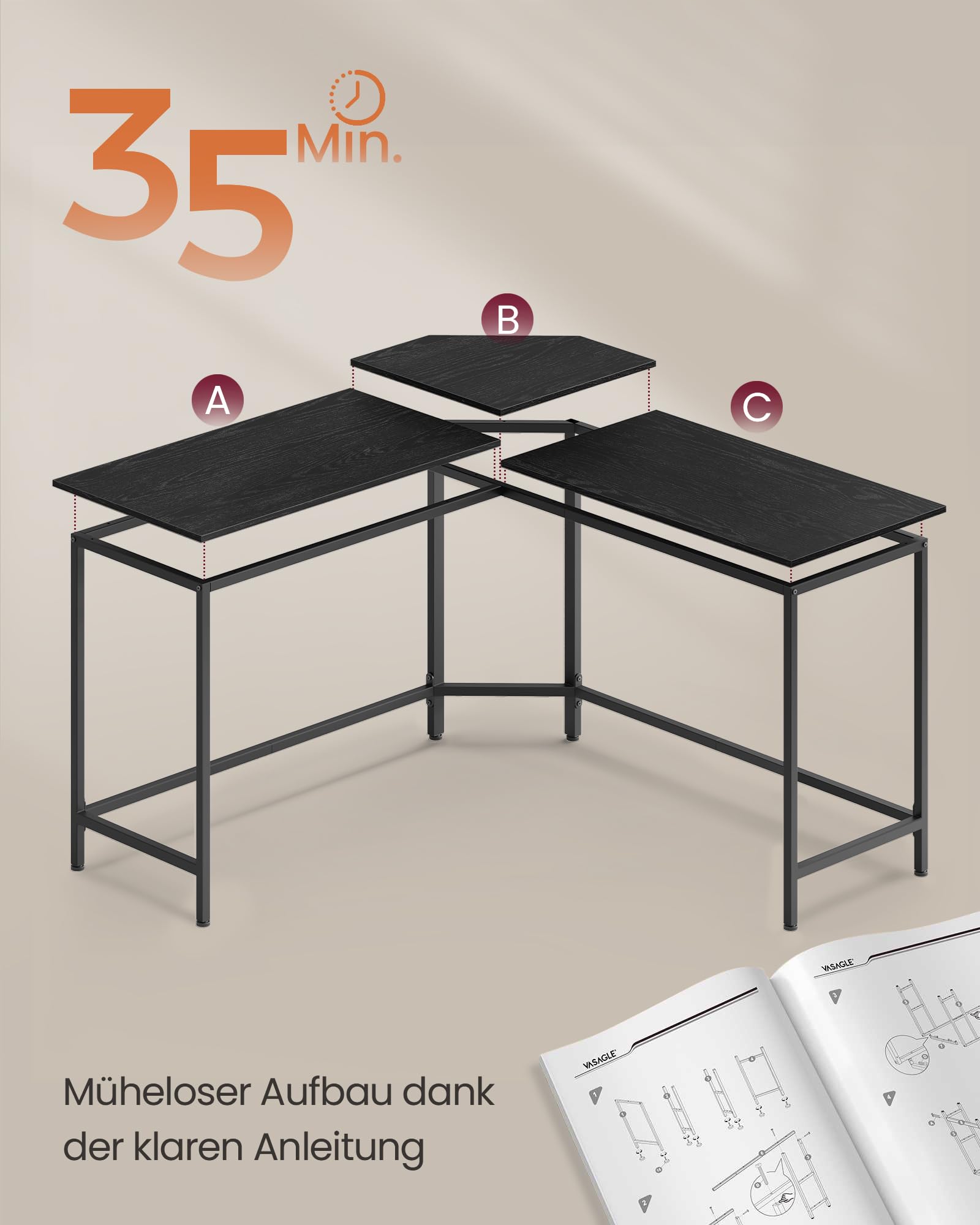 VASAGLE Schreibtisch, L-förmiger Computertisch, 140 x 140 x 76 cm, Eckschreibtisch, platzsparender Bürotisch, Gaming, Homeoffice, einfacher Aufbau, ebenholzschwarz-tintenschwarz LWD073B56V1