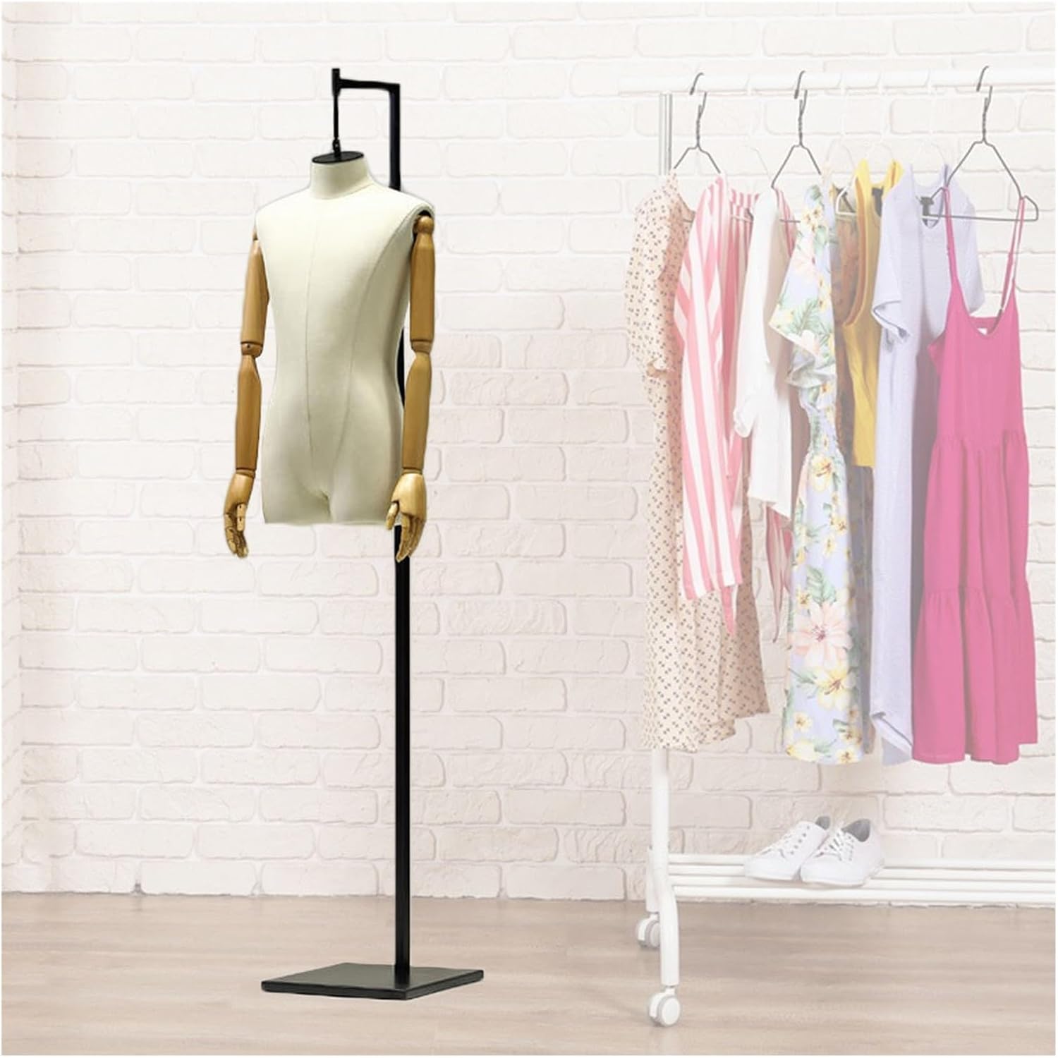 Female Dress Form Mannequin Torso - Adjustable 47.2”-71.3” Height, White Linen Display for Sewing & Clothing, Elegant Black Metal Stand - Ideal for Women's Fashion Disp