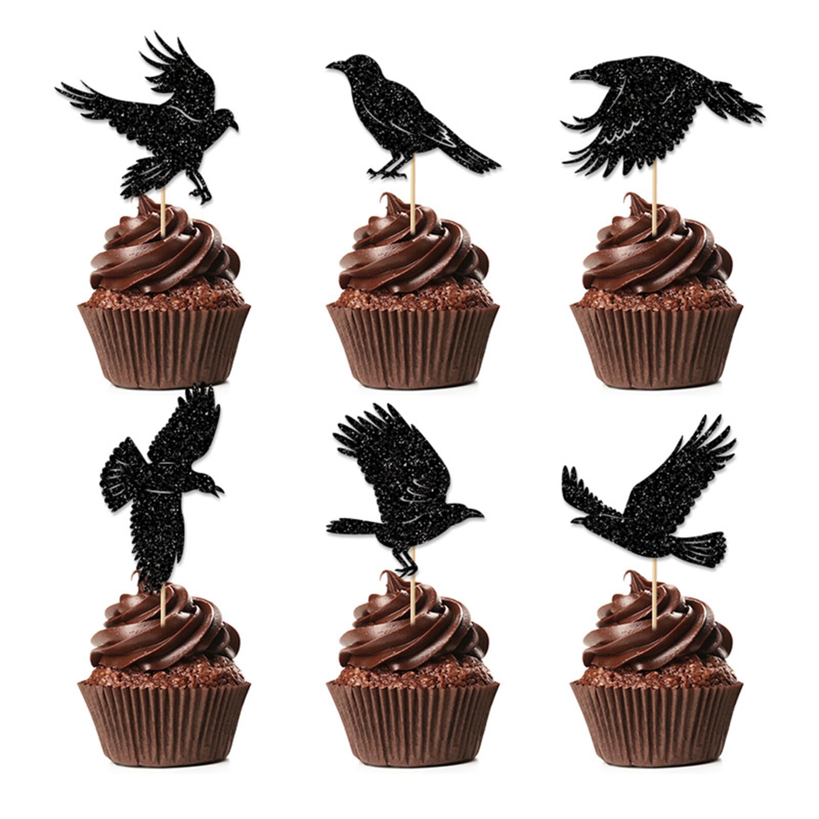 Lot De 30 Décorations Cupcakes Halloween - Toppers Corbeau Brillant, Papier Cartonné - Pour Gâteaux, Fêtes - 9