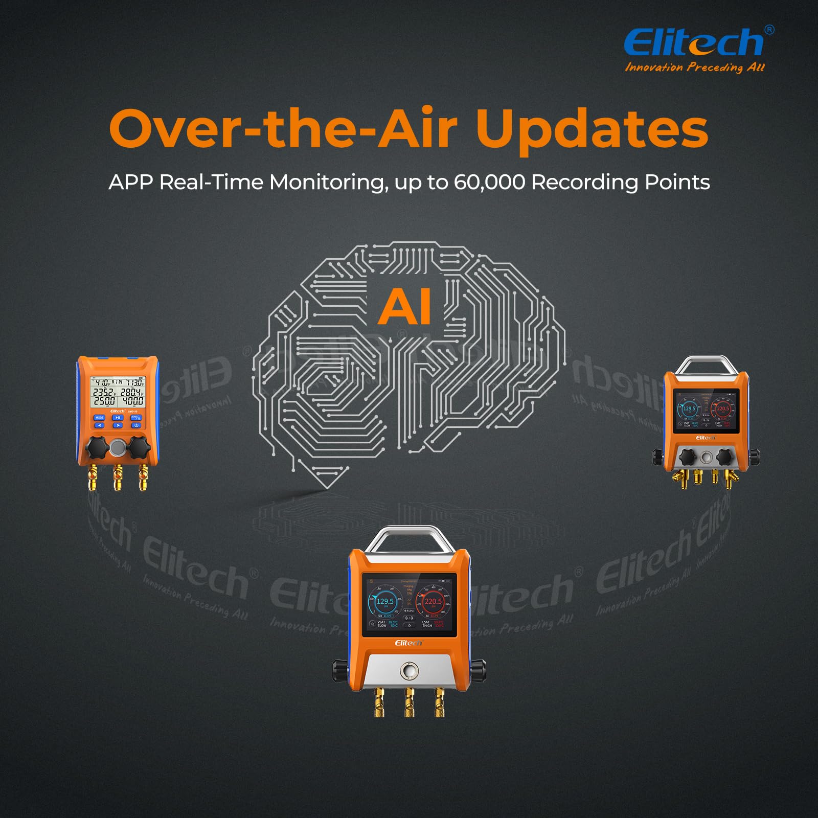 Elitech Ensemble de Manomètres Numériques Intelligents Elitech EMG-20V, Écran Tactile de 5 Pouces, Connexion Bluetooth, Adapté pour la CVC et le Contrôle via l'Application