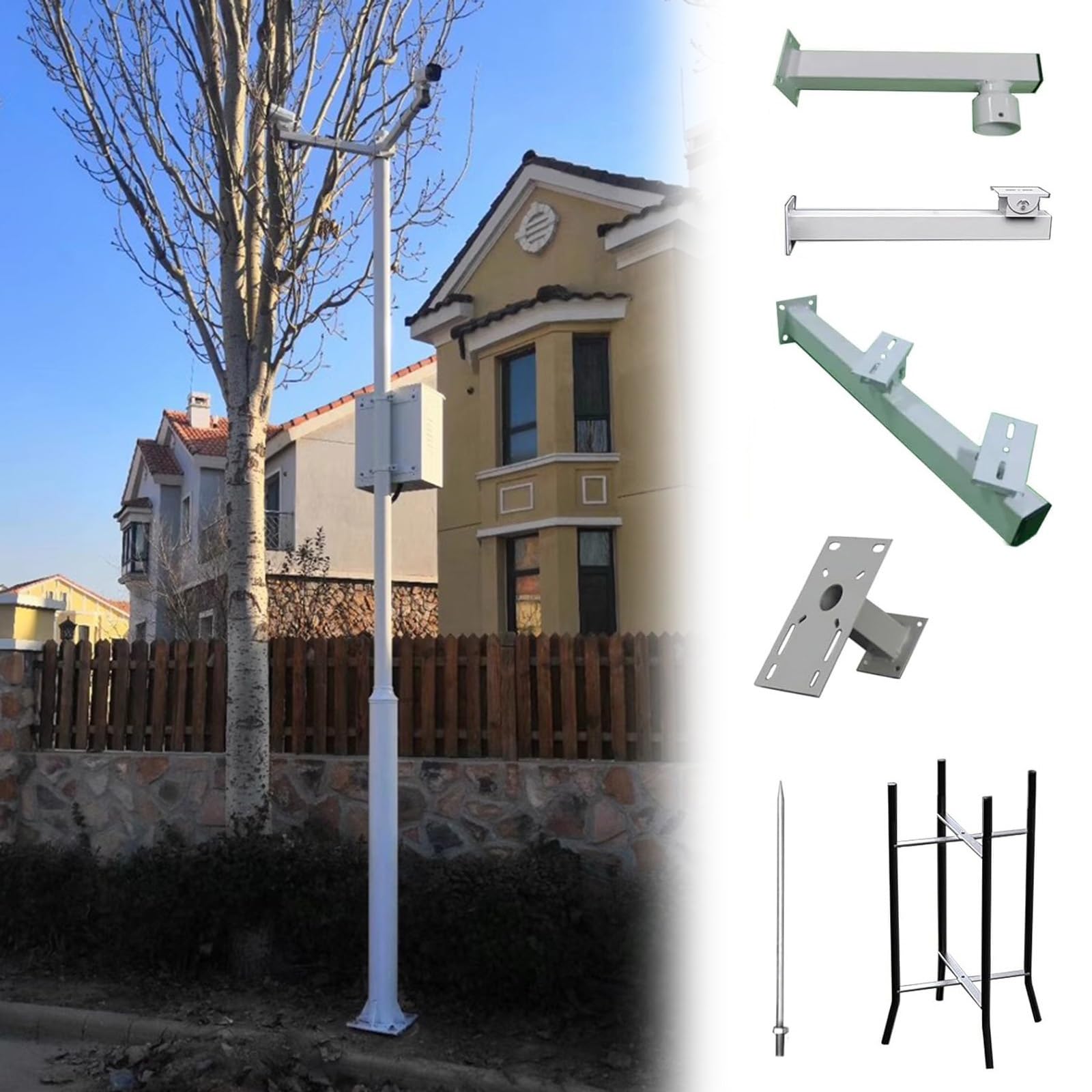 Palo per Telecamera di Sicurezza Palo di sorveglianza Esterno con parafulmine, Supporto Universale per Telecamera con 4 Bracci di Montaggio, Palo di Sicurezza per Terra(217in (5.5m))