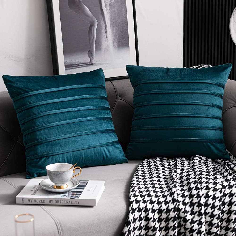 DEZENE 16x16 Teal Throw Pillow Cases: 2 Pack Cozy Soft Striped Velvet Square Decorative Pillow Covers for Couch