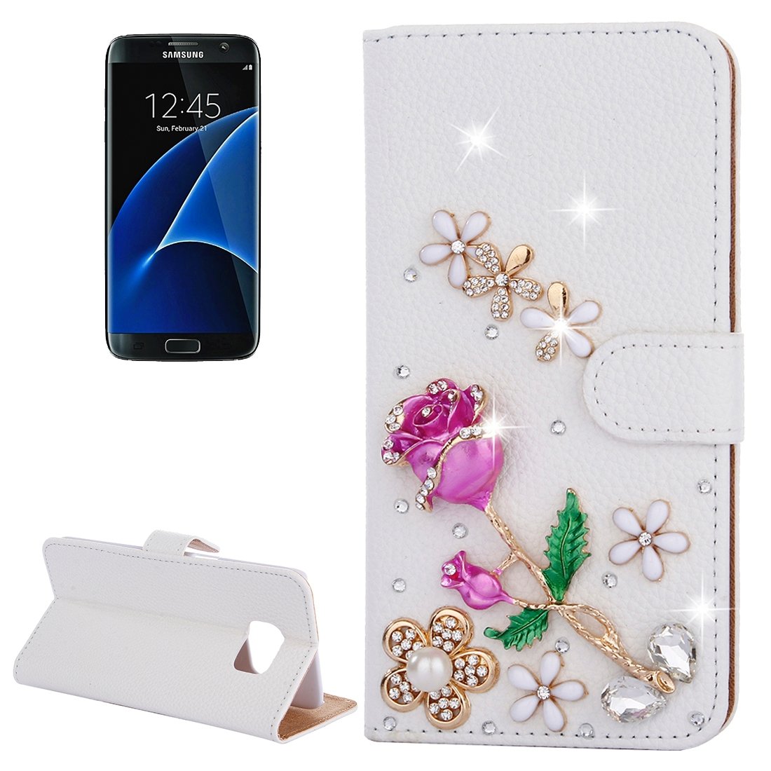 Cell Phone Protective Cases for Galaxy S7 Edge / G935 Diamond Encrusted Rose Pattern Horizontal