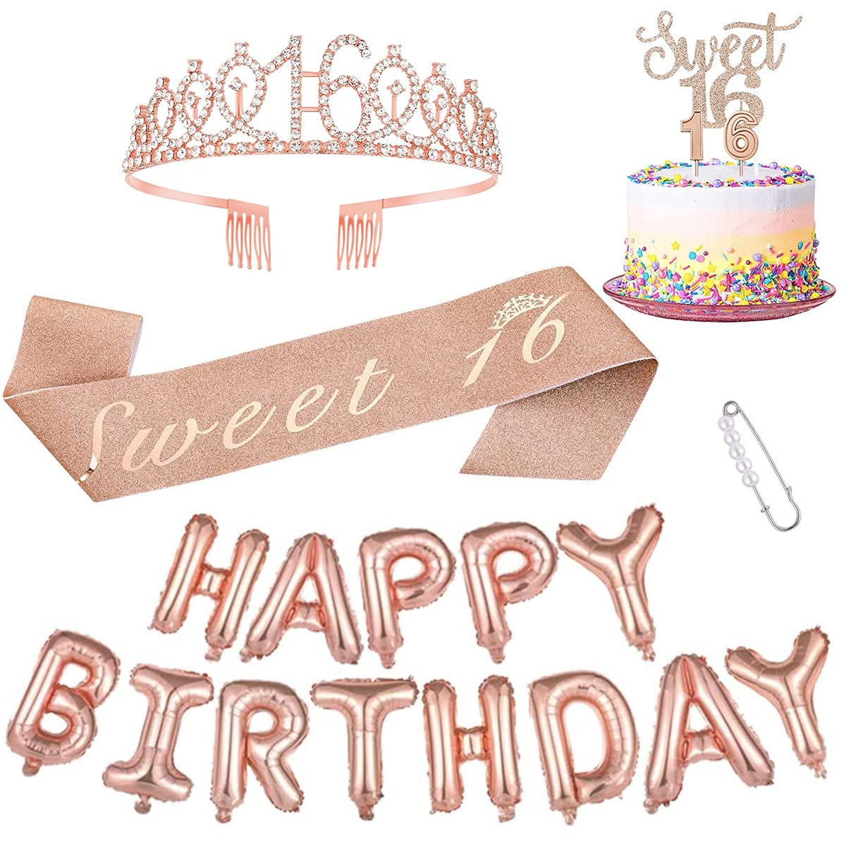 16th Birthday Decorations for Girls, Including 16th Birthday Tiara, Number Candles, Happy Birthday Balloon, Cake Toppers, Birthday Queen Sash and Pearl Pin, Rose Gold Teen Girl Gifts for 16 Year Old Birthday Party Decoration