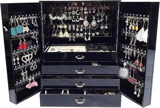 Jewelry Box Mirror Jewelry Cabinet Double Door with Crystal Door Knob for Earrings, Necklaces, Bracelets, Rings Black